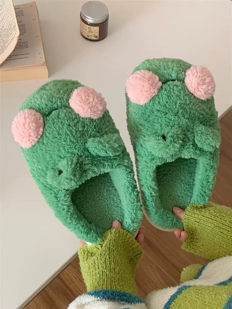 Funny Couple Lovely Frog Cotton Slippers 2022 Winter Student anti Slip Warm Plush Home Slipper Men and Women Household Shoes