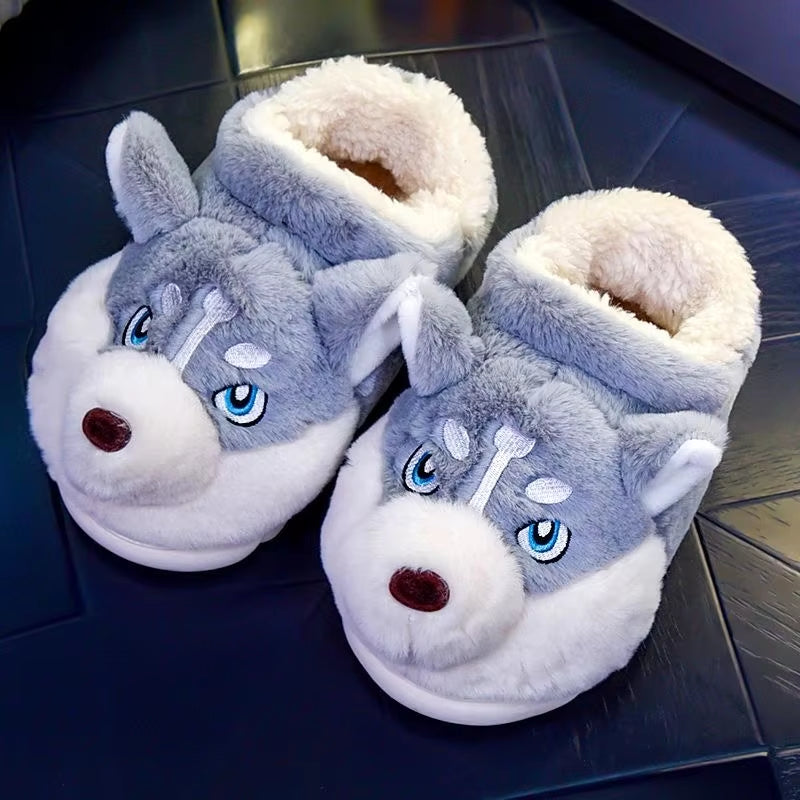 Women Indoor Cotton Slippers Cute Cartoon Dog Winter Warm Shoes Couples Home Floor Slides Anti-Slip Female Male House Footwear