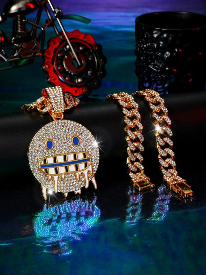 Summer 2024 Hip Hop Rhinestone Cuban Link Chain Bb Necklace, Trendy Iced Face Pendant Necklace for Men Women, Couple Matching Jewelry, Punk Goth Accessories for Club & Party, Valentine'S Day, Gift