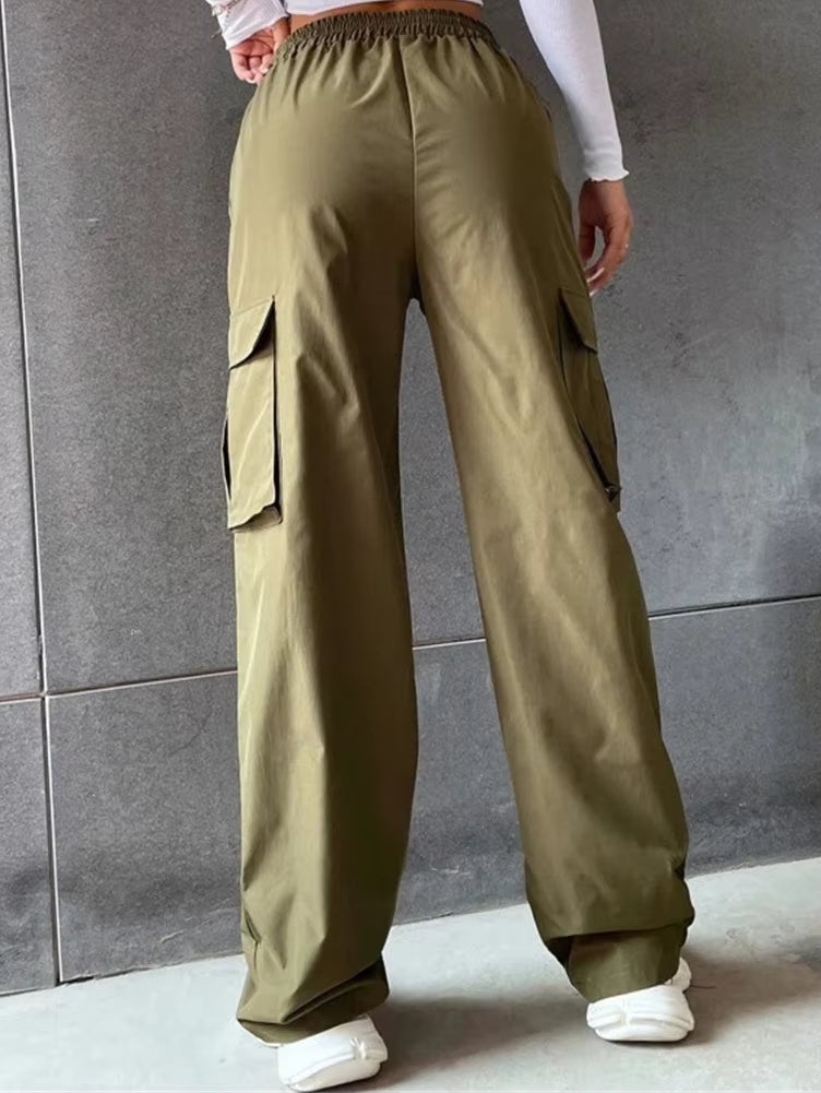 High Street Vintage Pants Fashion Solid High Elastic Waist Pocket Straight Cargo Pant Casual Office Lady Streetwear Y2K Trousers