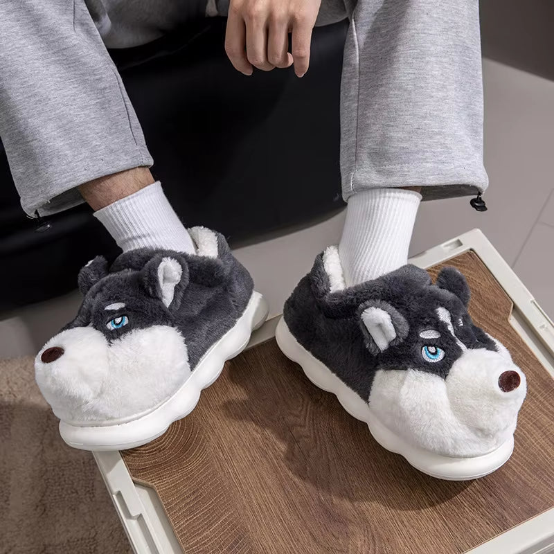 Women Indoor Cotton Slippers Cute Cartoon Dog Winter Warm Shoes Couples Home Floor Slides Anti-Slip Female Male House Footwear