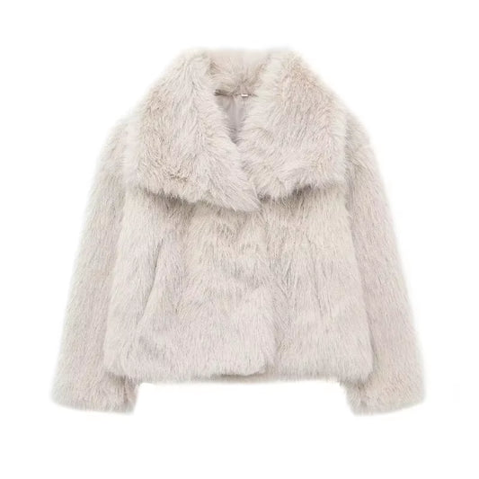 Women'S Faux Fur Cropped Jacket Coat Autumn Winter New Lapel Long Sleeve Thick Warm Soft Jacket Female Chic Warm Outerwear