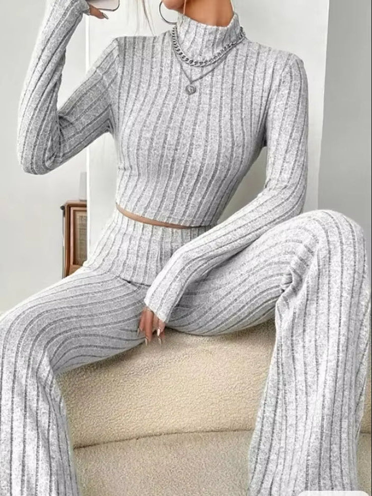 Stand Collar Navel T-Shirt and Trumpet Pants