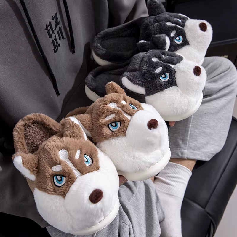 Women Indoor Cotton Slippers Cute Cartoon Dog Winter Warm Shoes Couples Home Floor Slides Anti-Slip Female Male House Footwear