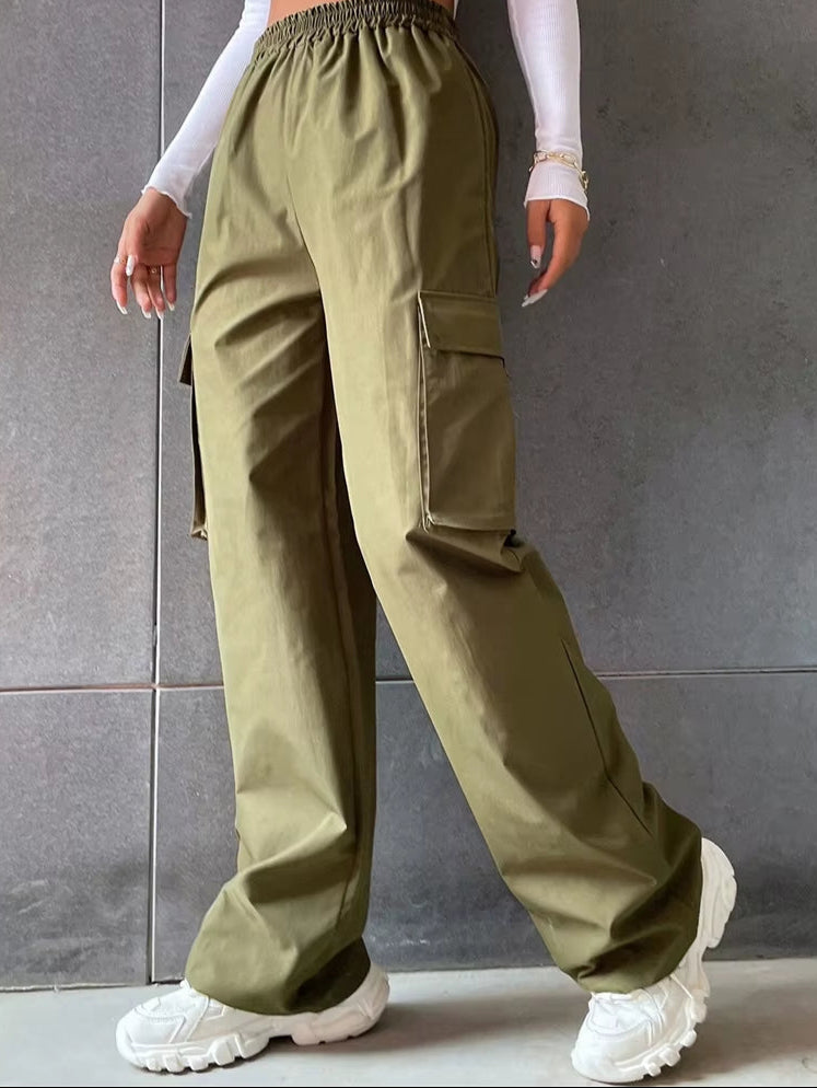 High Street Vintage Pants Fashion Solid High Elastic Waist Pocket Straight Cargo Pant Casual Office Lady Streetwear Y2K Trousers