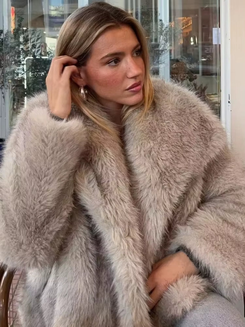 Women'S Faux Fur Cropped Jacket Coat Autumn Winter New Lapel Long Sleeve Thick Warm Soft Jacket Female Chic Warm Outerwear