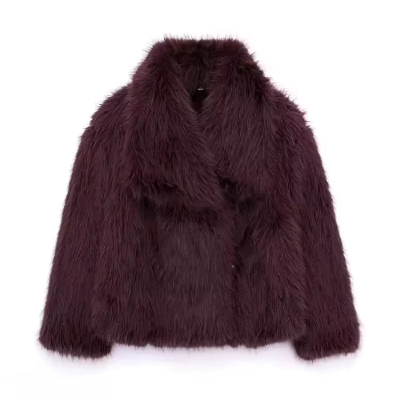 Women'S Faux Fur Cropped Jacket Coat Autumn Winter New Lapel Long Sleeve Thick Warm Soft Jacket Female Chic Warm Outerwear
