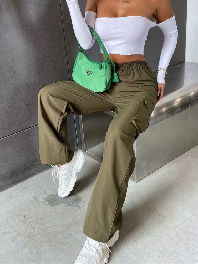 High Street Vintage Pants Fashion Solid High Elastic Waist Pocket Straight Cargo Pant Casual Office Lady Streetwear Y2K Trousers