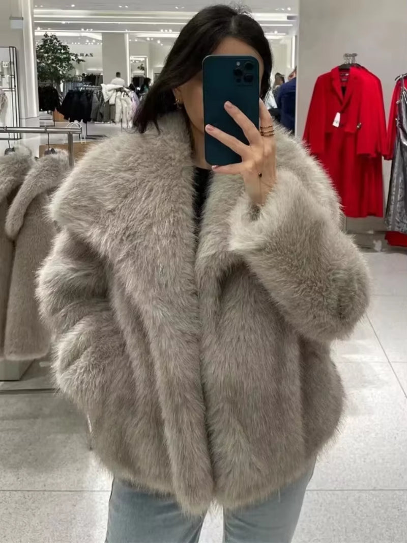 Women'S Faux Fur Cropped Jacket Coat Autumn Winter New Lapel Long Sleeve Thick Warm Soft Jacket Female Chic Warm Outerwear