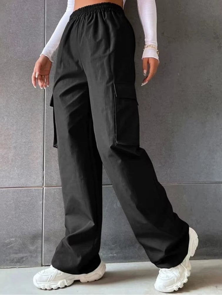 High Street Vintage Pants Fashion Solid High Elastic Waist Pocket Straight Cargo Pant Casual Office Lady Streetwear Y2K Trousers