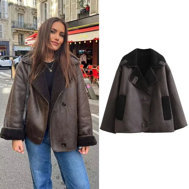 2025 Woman Thick Faux Leather Jackets for Women Autumn Winter Warm Wool Blends Coats Demi-Season Plush Jacket Outerwears