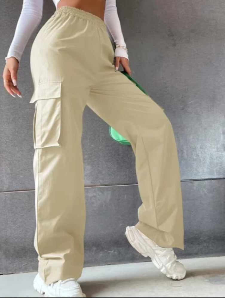 High Street Vintage Pants Fashion Solid High Elastic Waist Pocket Straight Cargo Pant Casual Office Lady Streetwear Y2K Trousers