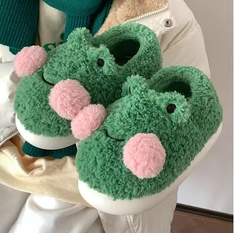 Funny Couple Lovely Frog Cotton Slippers 2022 Winter Student anti Slip Warm Plush Home Slipper Men and Women Household Shoes