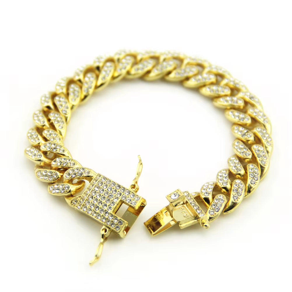 Luxury Full Zircon 12MM Cuban Chain Bracelet for Men Hip Hop Accessory Hand Chains Male Jewelry