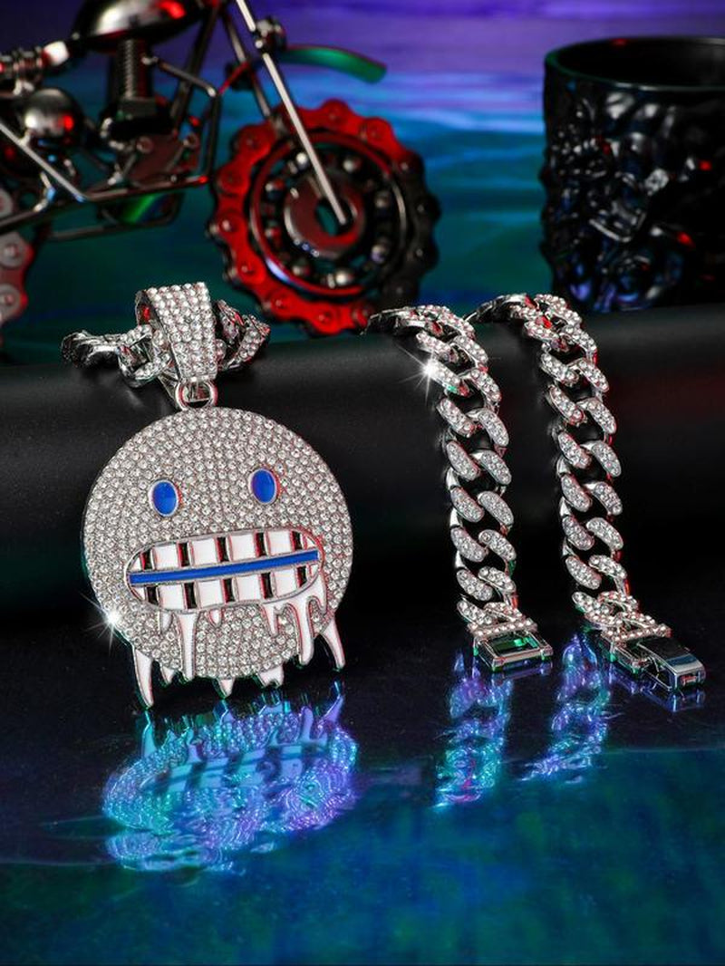 Summer 2024 Hip Hop Rhinestone Cuban Link Chain Bb Necklace, Trendy Iced Face Pendant Necklace for Men Women, Couple Matching Jewelry, Punk Goth Accessories for Club & Party, Valentine'S Day, Gift