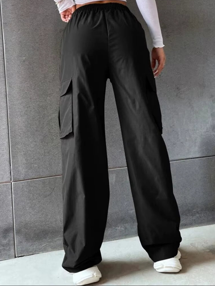 High Street Vintage Pants Fashion Solid High Elastic Waist Pocket Straight Cargo Pant Casual Office Lady Streetwear Y2K Trousers