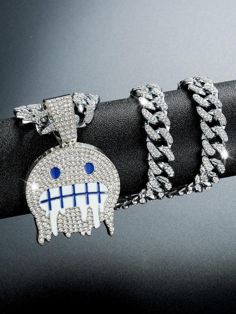 Summer 2024 Hip Hop Rhinestone Cuban Link Chain Bb Necklace, Trendy Iced Face Pendant Necklace for Men Women, Couple Matching Jewelry, Punk Goth Accessories for Club & Party, Valentine'S Day, Gift
