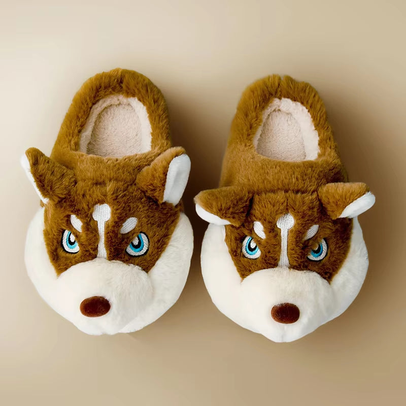 Women Indoor Cotton Slippers Cute Cartoon Dog Winter Warm Shoes Couples Home Floor Slides Anti-Slip Female Male House Footwear
