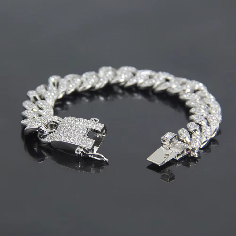 Luxury Full Zircon 12MM Cuban Chain Bracelet for Men Hip Hop Accessory Hand Chains Male Jewelry