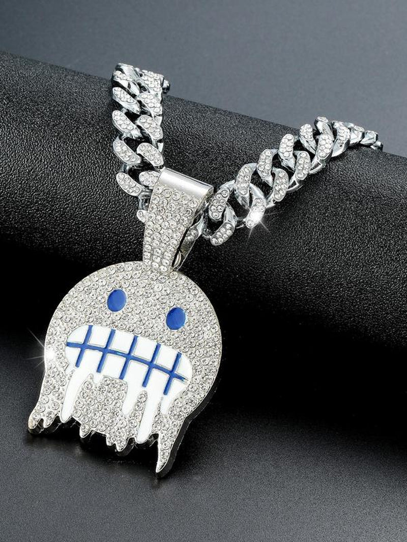 Summer 2024 Hip Hop Rhinestone Cuban Link Chain Bb Necklace, Trendy Iced Face Pendant Necklace for Men Women, Couple Matching Jewelry, Punk Goth Accessories for Club & Party, Valentine'S Day, Gift