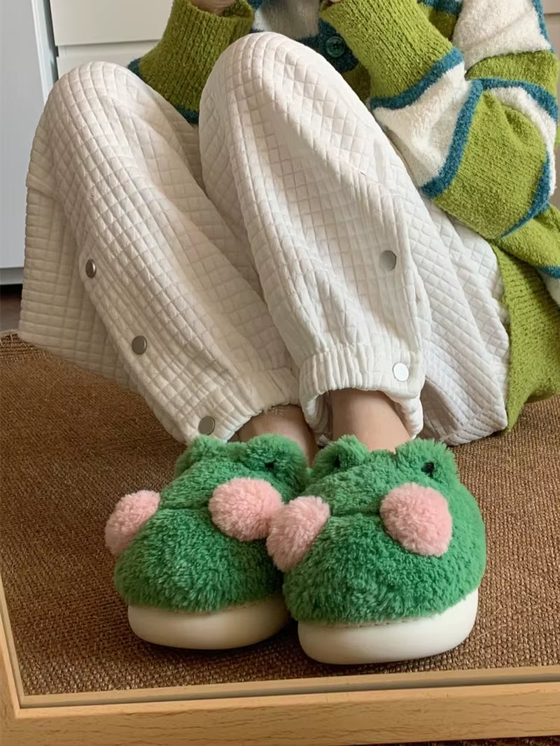 Funny Couple Lovely Frog Cotton Slippers 2022 Winter Student anti Slip Warm Plush Home Slipper Men and Women Household Shoes