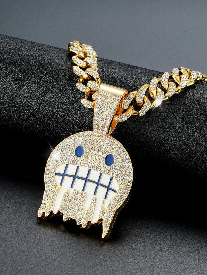 Summer 2024 Hip Hop Rhinestone Cuban Link Chain Bb Necklace, Trendy Iced Face Pendant Necklace for Men Women, Couple Matching Jewelry, Punk Goth Accessories for Club & Party, Valentine'S Day, Gift